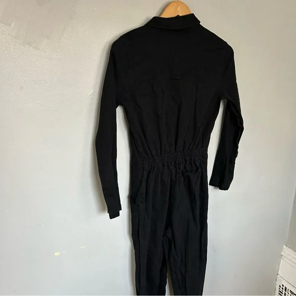 Nasty Gal Black Denim Jumpsuit Womens Medium Wide Leg Utility Romper - Picture 6 of 9